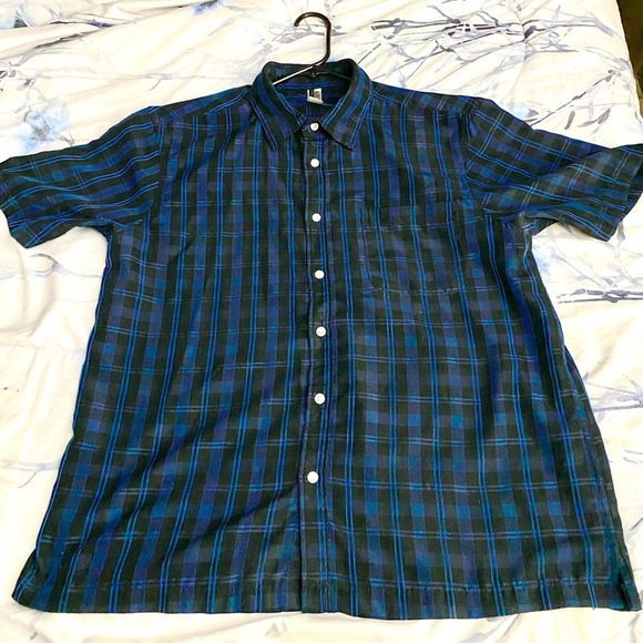 Azur Blue Plaid Men Short Sleeve Shirt - Picture 2 of 4
